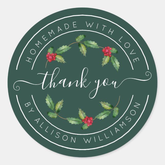 Forest Green Holly Christmas Thank You Classic Round Sticker (Front)