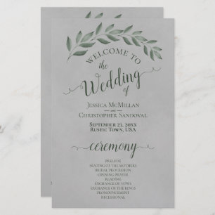 Forest Green Leaves on Grey Budget Wedding Program