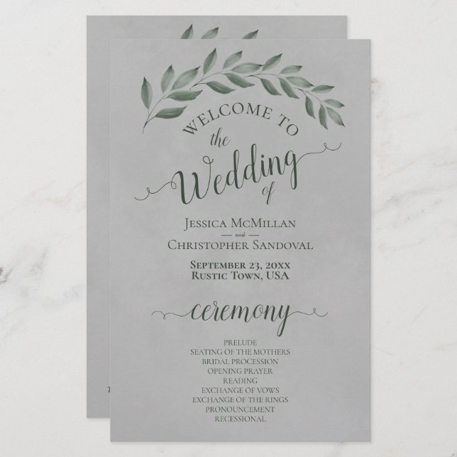 Forest Green Leaves on Grey Budget Wedding Program (Front/Back)