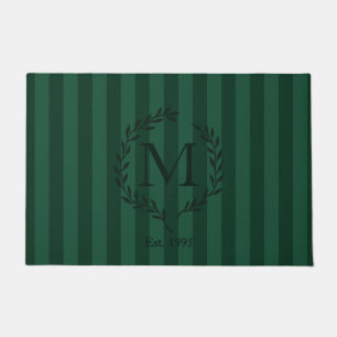 Forest Green Luxe Stripes and Wreath Monogram Doormat