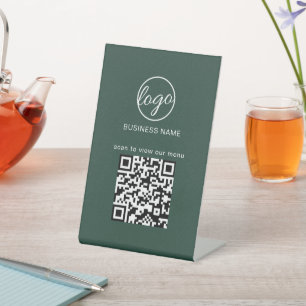 Forest Green Menu Restaurant Business Logo QR code Pedestal Sign