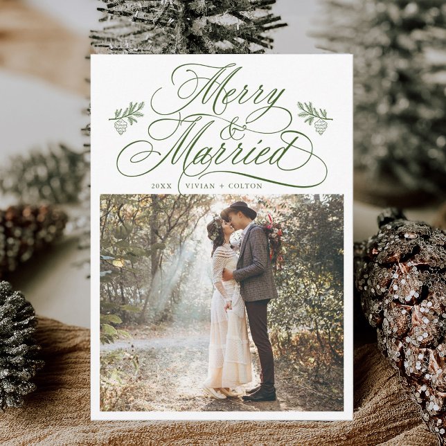 Forest Green Merry & Married First Christmas Photo Holiday Card (Creator Uploaded)