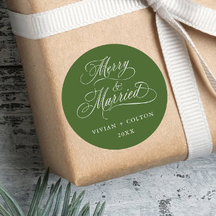 Forest Green Merry & Married Newly Weds Christmas  Classic Round Sticker