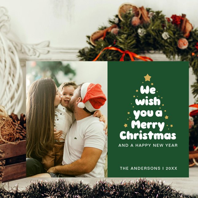 Forest Green Merry Tree Childish Family Kiss  Holiday Card (Creator Uploaded)