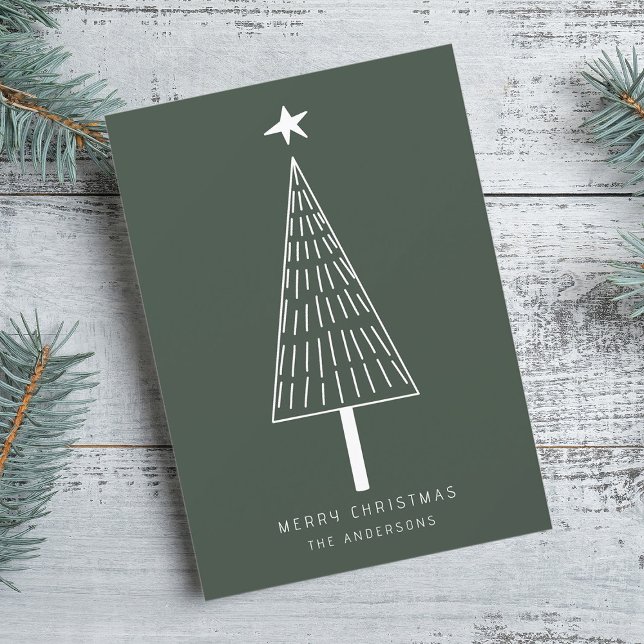 Forest Green Minimal Christmas Tree Photo Flat  Holiday Card (Creator Uploaded)
