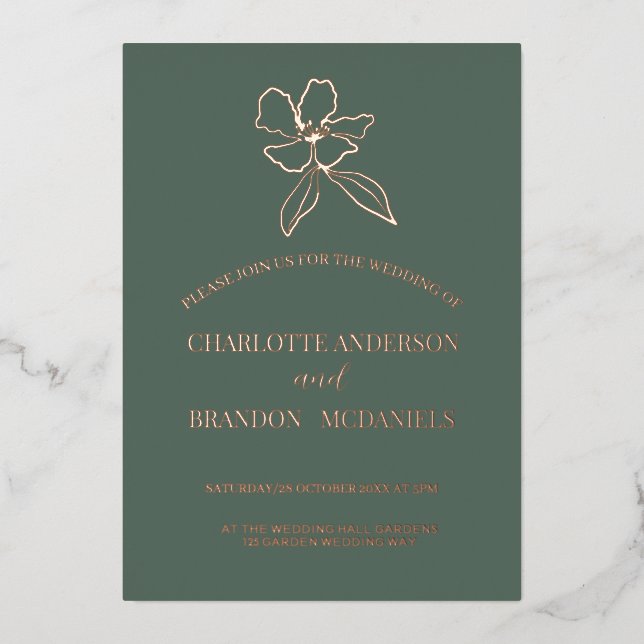 Forest Green Minimal Floral Wedding  Invitation (Front)