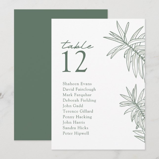 Forest Green Modern Botanical Table Seating Card (Front/Back)