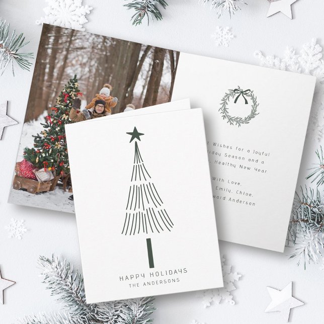 Forest Green Modern Christmas Pine Tree Photo  Holiday Card (Front & Inside)