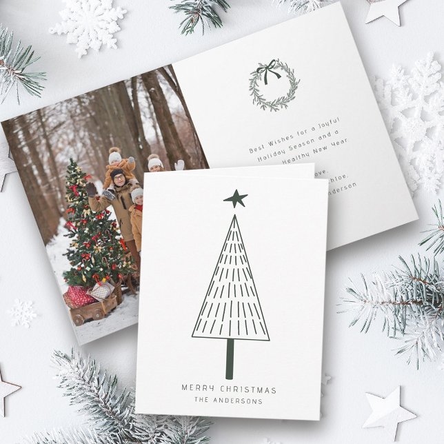 Forest Green Modern Christmas Pine Tree Photo  Holiday Card (Front & Inside)