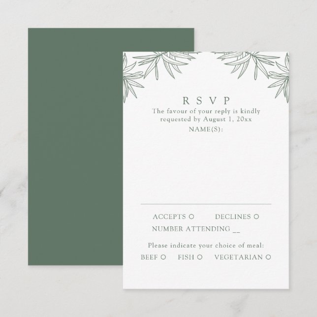 Forest Green Modern Minimal Botanical Meal RSVP Card (Front/Back)