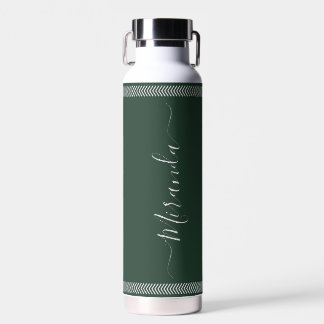 Forest Green Modern Script Custom Name Border Chic Water Bottle