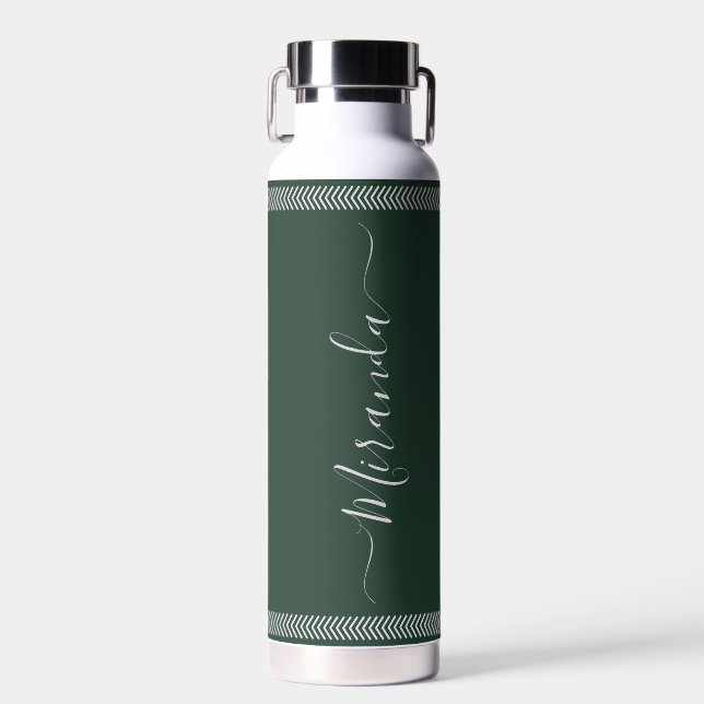 Forest Green Modern Script Custom Name Border Chic Water Bottle (Front)