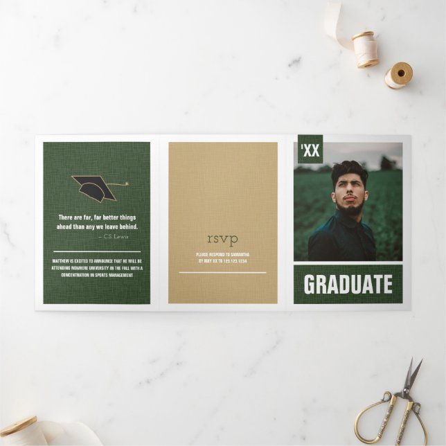 Forest Green Modern Textured Photo Graduation Tri-Fold Invitation (Outside)
