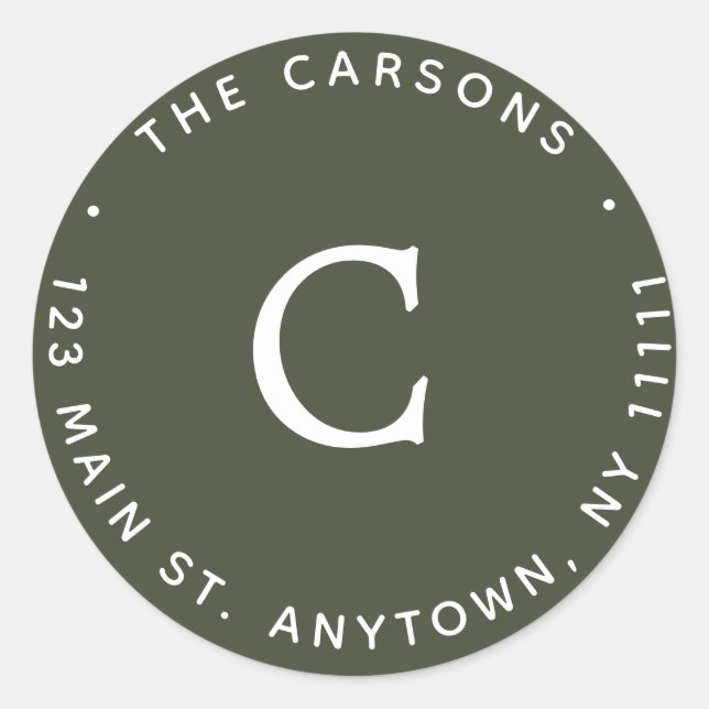 Forest Green Monogram Round Return Address Label (Front)