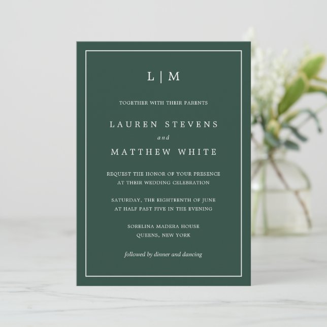 Forest Green Monogram Simple Wedding Invitation (Standing Front)