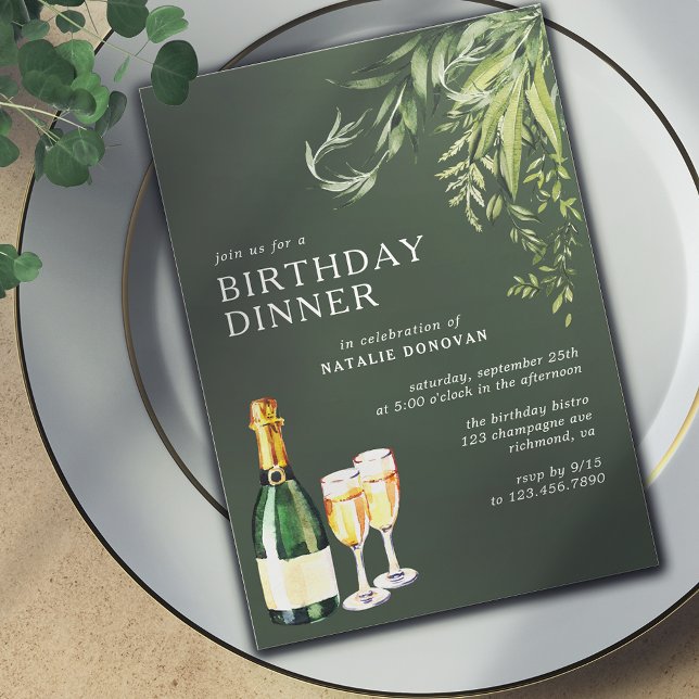 Forest Green Moss Modern Champagne Birthday Dinner Invitation (Creator Uploaded)
