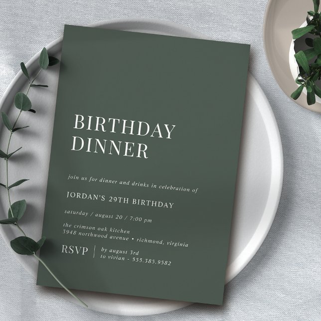 Forest Green Moss | Modern Minimal Birthday Dinner Invitation (Creator Uploaded)