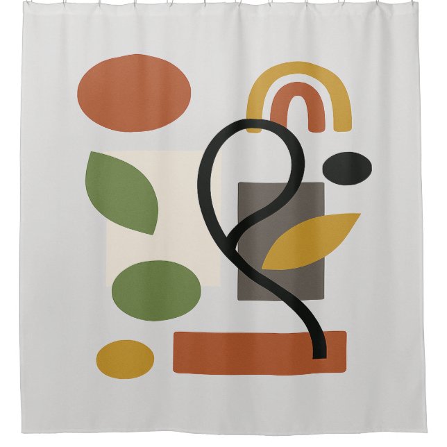 Forest Green & Mustard Yellow Botanical Geometry Shower Curtain (Front)
