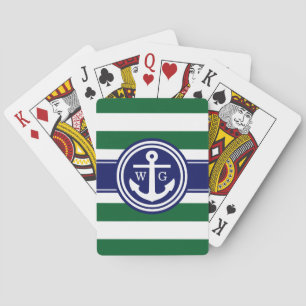 Forest Green Navy Preppy Stripe Anchor Monogram Playing Cards