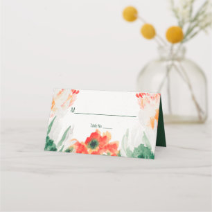 Forest Green, Orange, White Watercolor Floral  Place Card