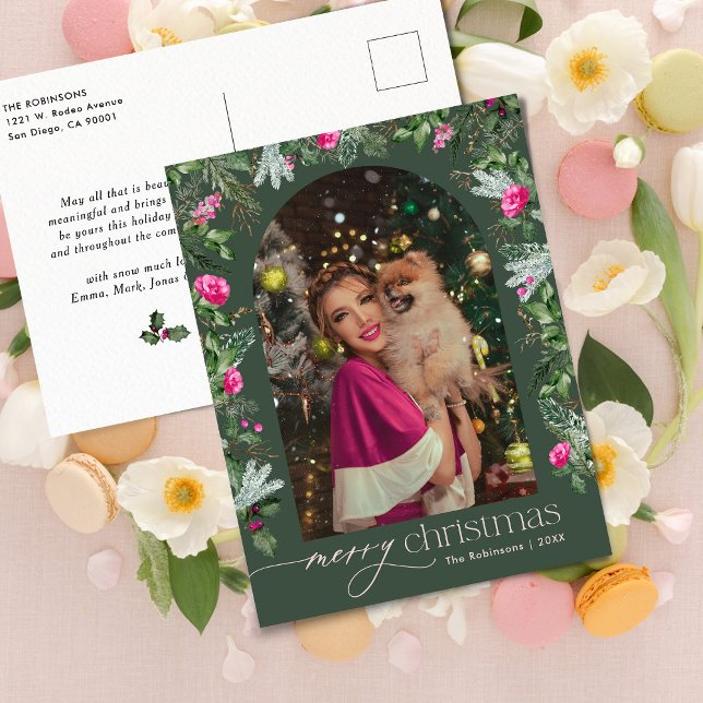 Forest Green Pink Botanical Arch 1 Photo Christmas Postcard (Creator Uploaded)