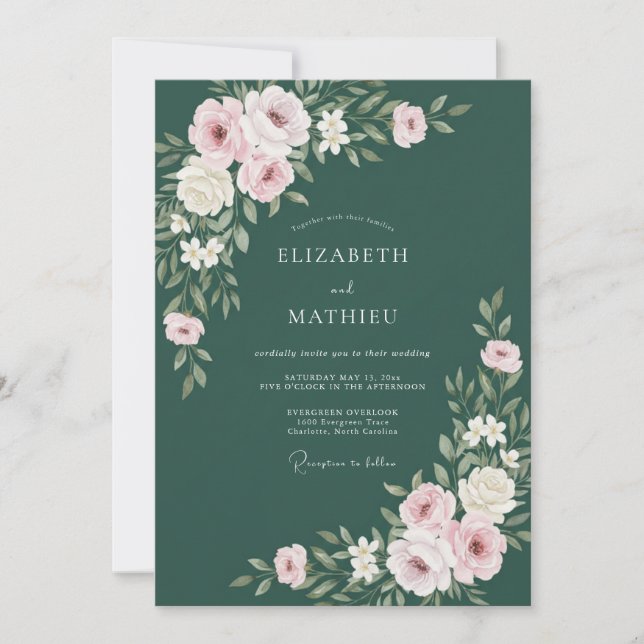 Forest Green Polished Botanical Wedding Invitation (Front)