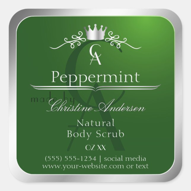 Forest Green Product Label Silver Frame Monogram (Front)