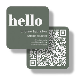 Forest Green QR Code Social Media Hello Square Business Card