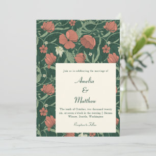 Forest Green Red Botanical Floral Fall Wedding Invitation
