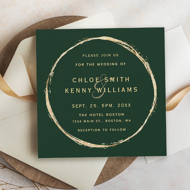 Forest Green Rustic Gold Circle Wedding Square Invitation (Creator Uploaded)