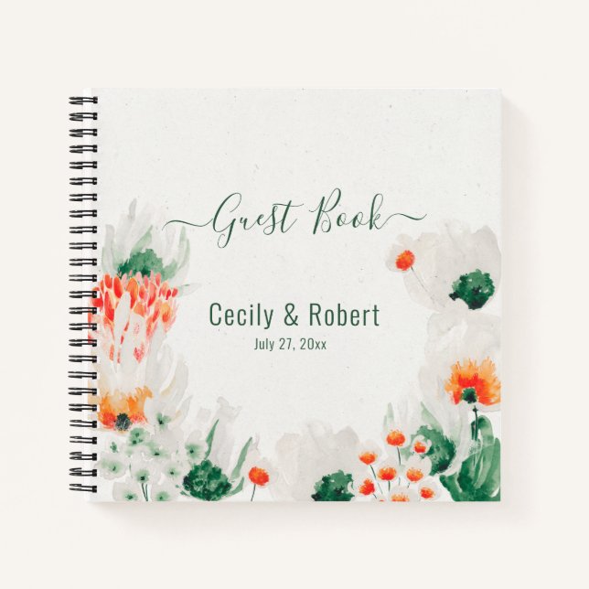  Forest Green Rustic Orange White Floral Guest Notebook (Front)
