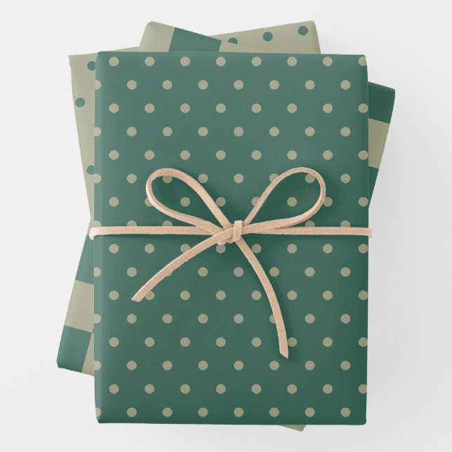 Forest Green & Sage Chequerboard and Dot Pattern Wrapping Paper Sheet (In situ)