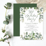 Forest Green Seeded Eucalyptus 70th Birthday Party Invitation<br><div class="desc">Beautiful gender neutral forest and sage green seeded eucalyptus "70th Birthday Party" design.  Clean and deceptively simple tone on tone design on a crisp white background.  Back features a simple forest green solid colour.</div>