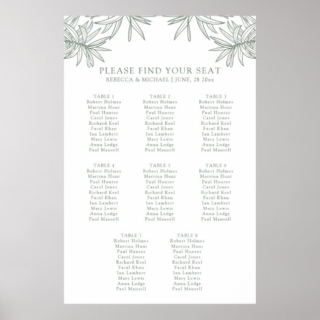 Forest Green Simple Botanical Seating Chart Poster (Front)