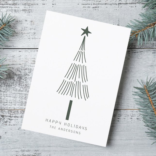 Forest Green Simple Christmas Pine Tree Photo Flat Holiday Card (Creator Uploaded)