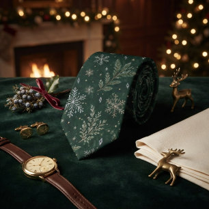 Forest Green Snowflake Pine Christmas Tie