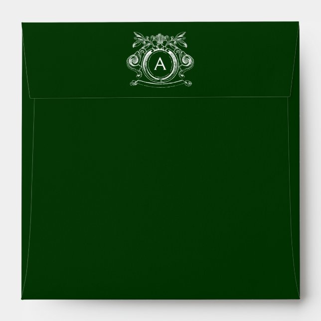 Forest Green Square Scrollwork Monogram Envelopes (Back (Top Flap))