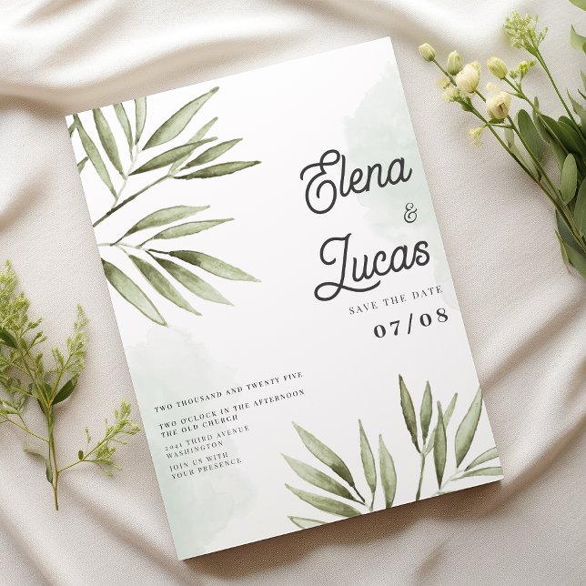 Forest green tropical watercolor leaves wedding invitation (Forest green tropical watercolor leaves wedding)