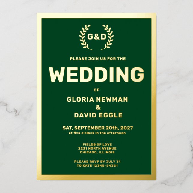 Forest Green Typography Wedding Real Gold (Front)