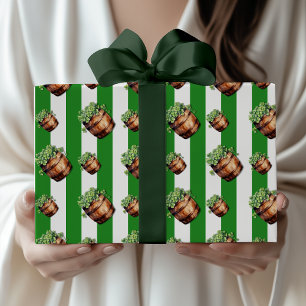 Forest Green Vintage Striped Shamrock Barrel  Wrapping Paper