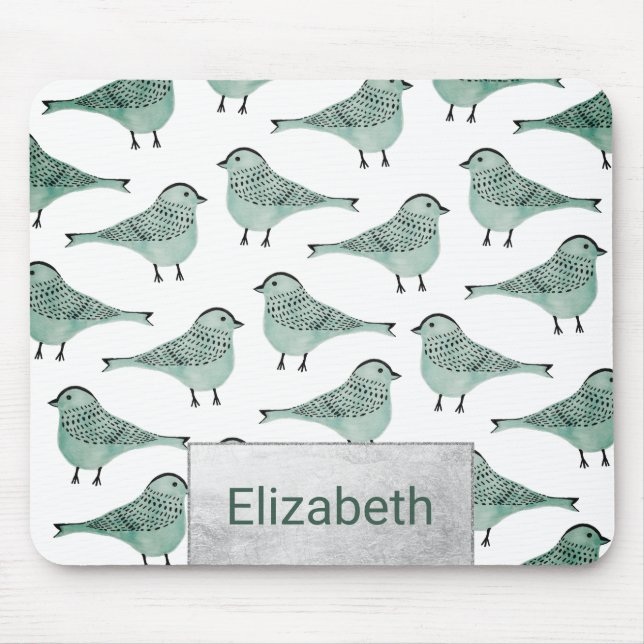 Forest green watercolor bird black brushstrokes mouse pad (Front)