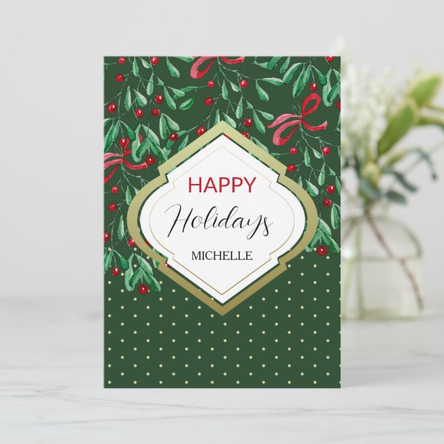 Forest Green Watercolor Boho Mistletoes Holiday Card (Standing Front)