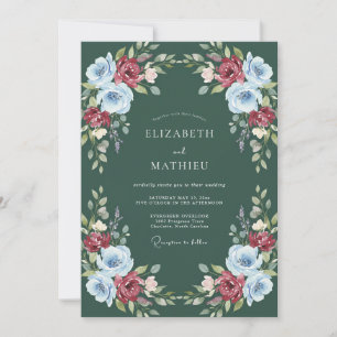 Forest Green Watercolor Floral Wedding Invitation