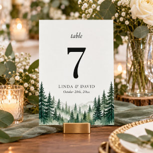 Forest Green Watercolor Pine Trees Rustic Wedding Table Number