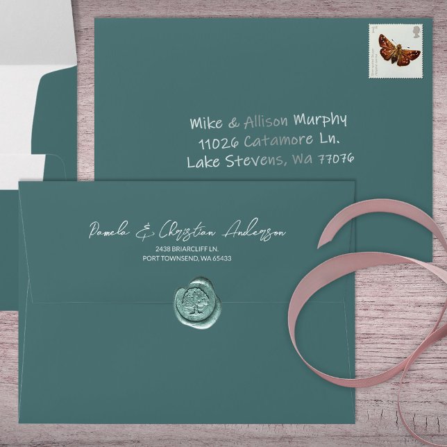 Forest Green Wedding 5x7 Return Address Printed Envelope (Solid forest hunter green 5x7 wedding invitation envelope with return address printed on back flap)