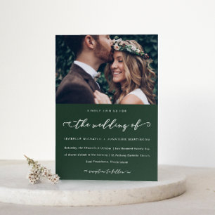Forest Green Wedding Calligraphy and Photo Invitation