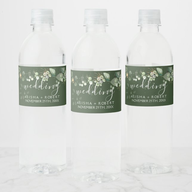 Forest Green Wedding Water Bottle Label (Bottles)