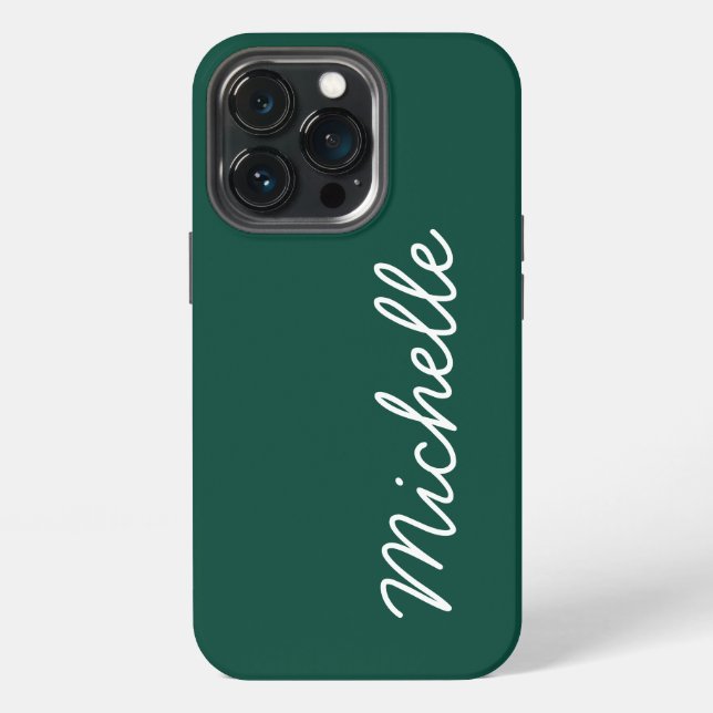 Forest Green & White Custom Cursive Name or Text iPhone Case (Back)