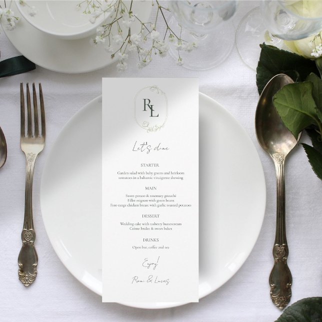 Forest Green & White Floral Monogram Wedding Menu (Creator Uploaded)