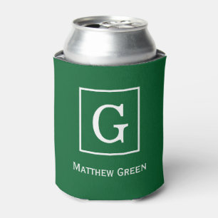 Forest Green White Framed Initial Monogram Can Cooler